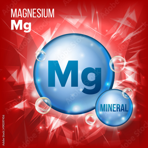 Mg Magnesium Vector. Mineral Blue Pill Icon. Vitamin Capsule Pill Icon. Substance For Beauty, Cosmetic, Heath Promo Ads Design. 3D Mineral Complex With Chemical Formula. Illustration