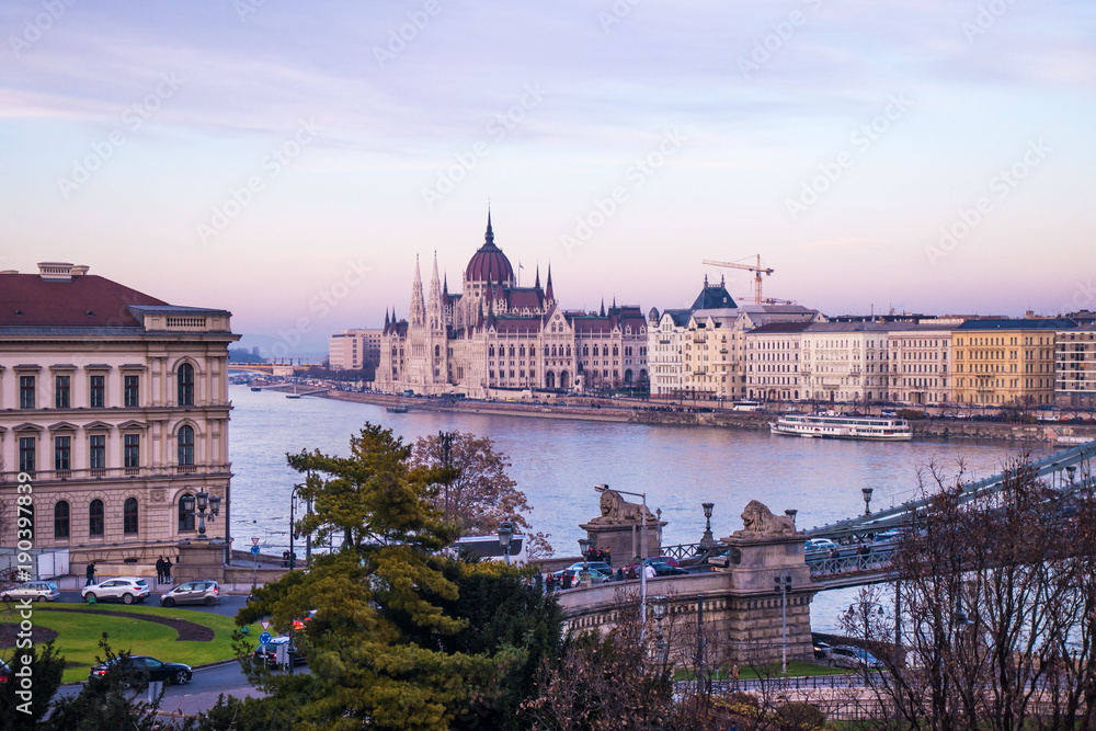 The Hungarian Parliament in Budapest and Danube river