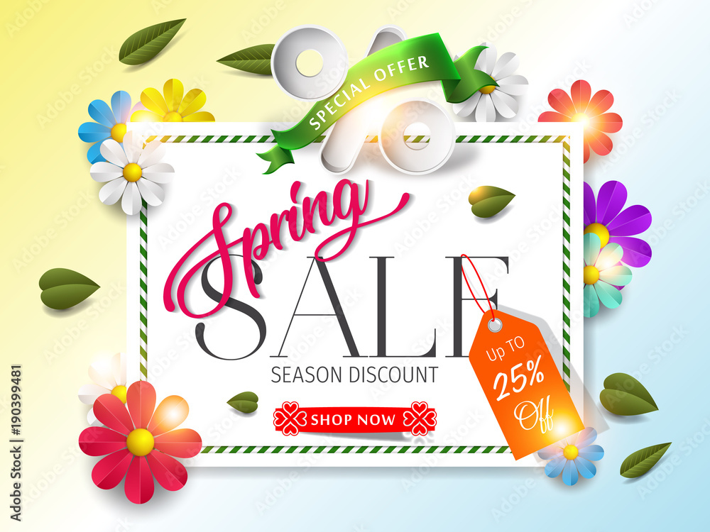 Spring sale up to 25% off background with beautiful colorful flower. Vector illustration. Wallpaper. flyers, posters, brochure, voucher discount. Spring sale banner for online shopping.