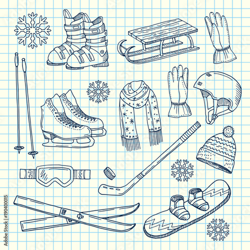 Vector hand drawn winter sports equipment on notebook