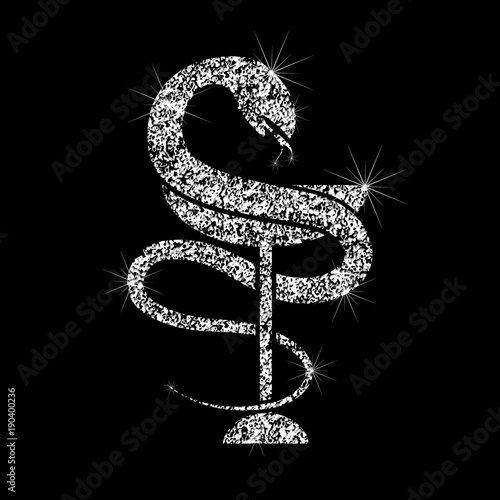 Brilliant icon of a snake with a bowl. Effect of diamond. Transparent silver jewelry sign. Sparkling icon of medicine symbol. Silhouettes of jewelry snakes emitting poison into the bowl.