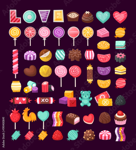 Set of colorful Valentine sweets for loving couples. Vector candies decorated with valentine’s day elements and ornaments made in bright untraditional colors. 