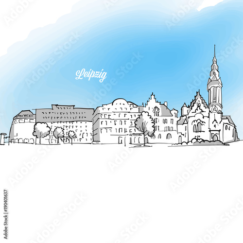 Leipzig Panorama Outline Banner Illustration