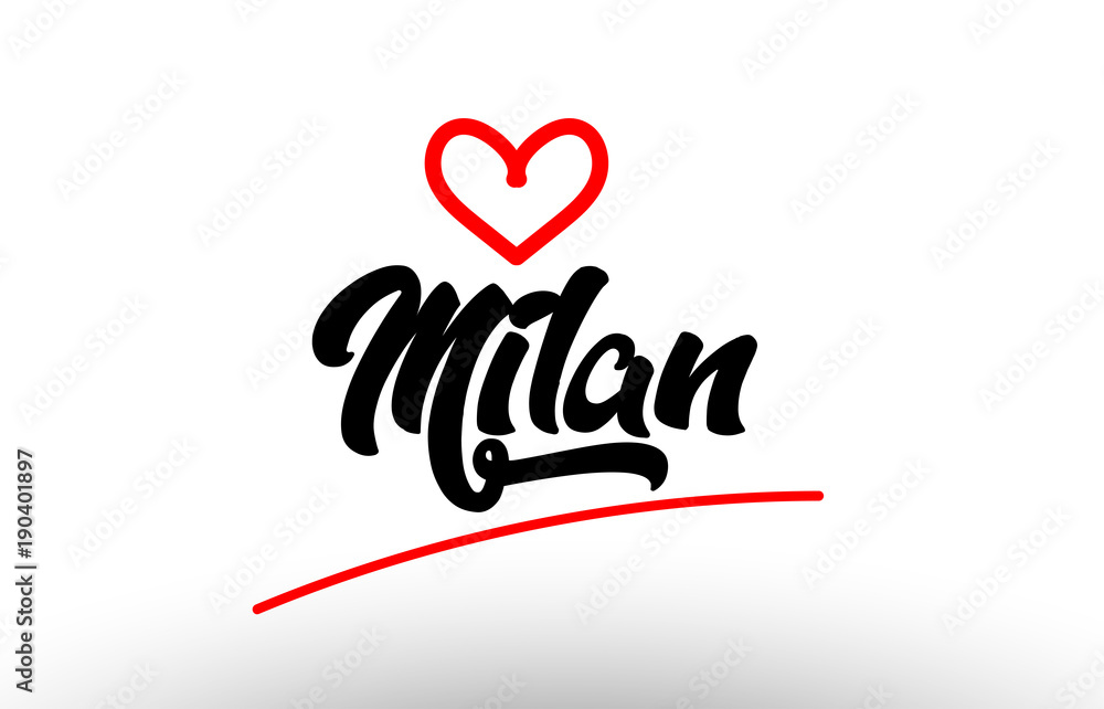 milan word text of european city with red heart for tourism promotio