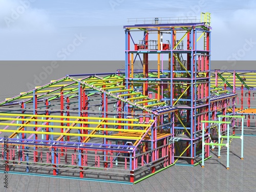 Construction of metal buildings. Engineering background. Construction background. 3D rendering.