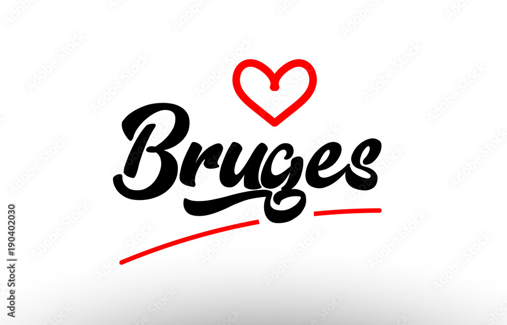 bruges word text of european city with red heart for tourism promotio