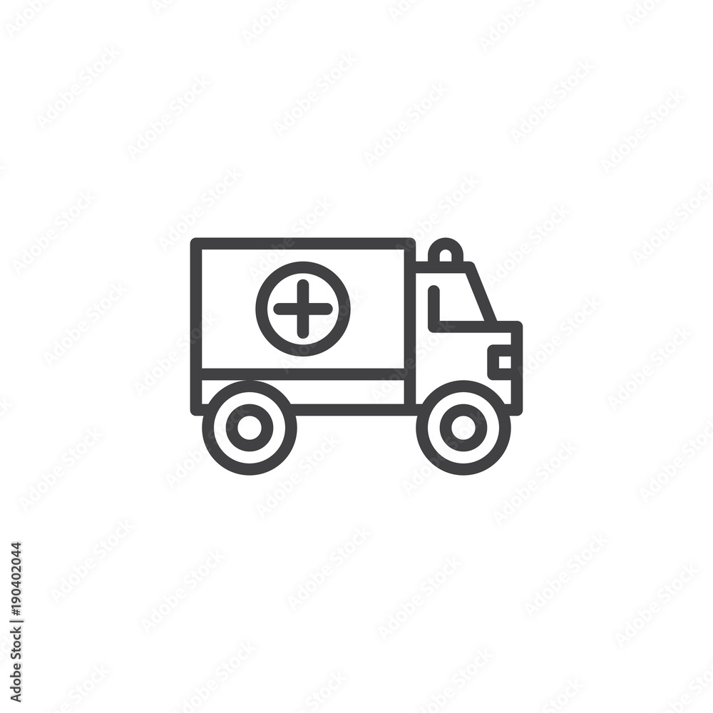 Ambulance truck line icon, outline vector sign, linear style pictogram isolated on white. Medical car symbol, logo illustration. Editable stroke Ambulance truck line icon, outline vector sign, linear style pictogram isolated on white. Medical car symbol, logo illustration. Editable stroke