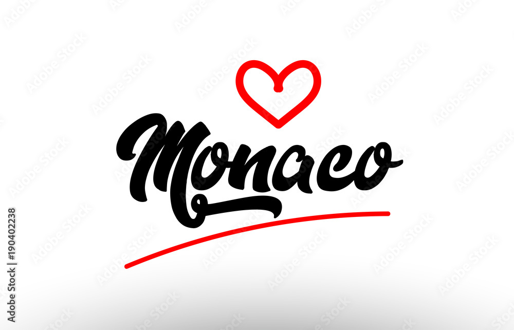 monaco word text of european city with red heart for tourism promotio
