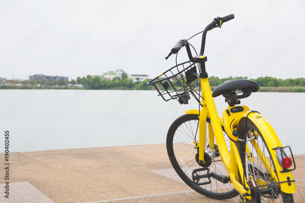 Fototapeta premium Yellow bike with swamp background. Yellow bicycle in the public park.
