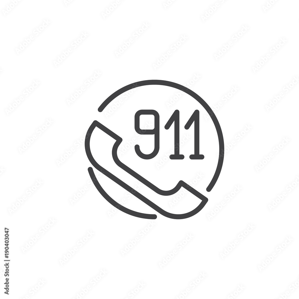 Handset with 911 line icon, outline vector sign, linear style pictogram isolated on white. Emergency number 911 call symbol, logo illustration. Editable stroke Handset with 911 line icon, outline vector sign, linear style pictogram isolated on white. Emergency number 911 call symbol, logo illustration. Editable stroke