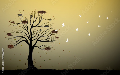 big tree with many nests and flock of white birds fly out, flock of birds fly out, because autumn come,