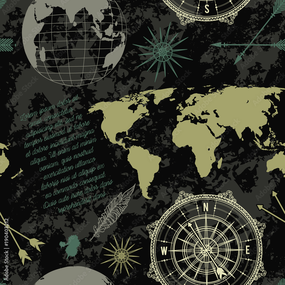 Seamless pattern with vintage globe, compass, world map and wind rose ...