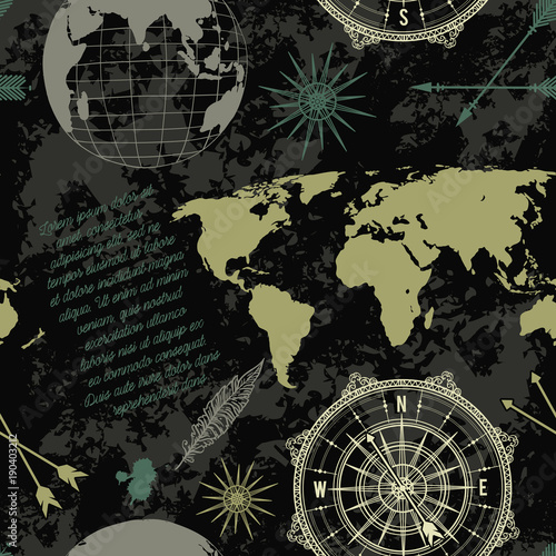 Seamless pattern with vintage globe, compass, world map and wind rose. Vector illustration