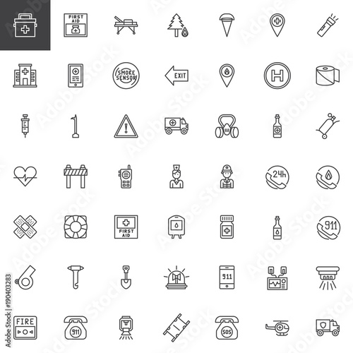 Fire emergency line icons set, outline vector symbol collection, linear style pictogram pack. Signs, logo illustration. Set includes icons as hospital, stretcher, ambulance, fireman, extinguisher