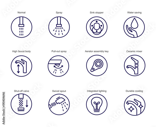 Plumbing, sewerage, pipe, faucet thin line vector icons set