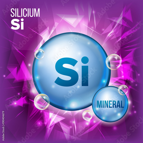 Si Silicium Vector. Mineral Blue Pill Icon. Vitamin Capsule Pill Icon. Substance For Beauty, Cosmetic, Heath Promo Ads Design. 3D Mineral Complex With Chemical Formula. Illustration