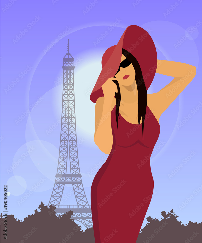 Beautiful elegant woman against the background of the Eiffel tower. Lady in Paris. Girl in hat and red dress. Beautiful fashion woman model. Female portrait in Paris. Fashion illustration.
