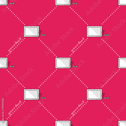 Seamless symmetrical pattern with a black and white gadget picture on a bright colored background. Vector illustration