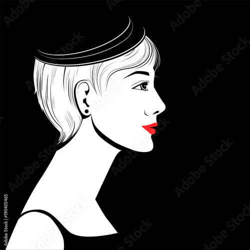 Fashion woman model with short hair in a black hat - pop art vector illustration. Portrait of young beautiful girl vintage style.  Retro style.
