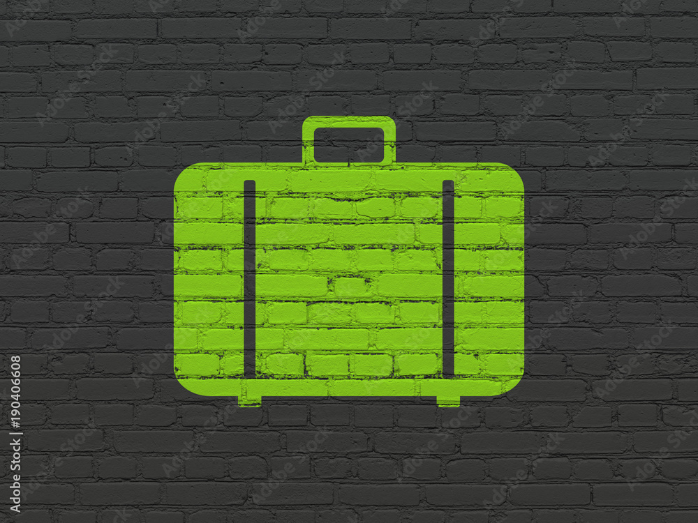 Travel concept: Painted green Bag icon on Black Brick wall background Travel concept: Painted green Bag icon on Black Brick wall background