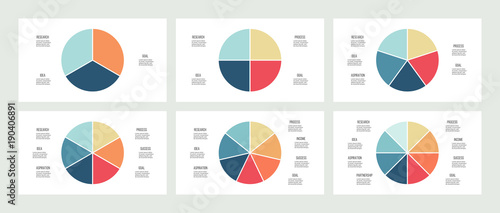 Business infographics. Pie charts with 3, 4, 5, 6, 7, 8 sections. Vector templates.