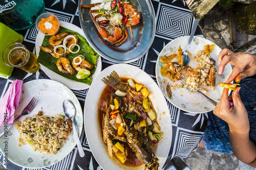Top view of seafood on a table