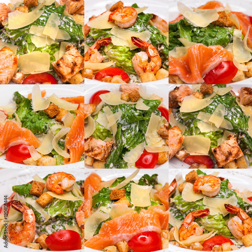 Collage of three kinds of Caesar Salad, with chicken, salmon and shrimp