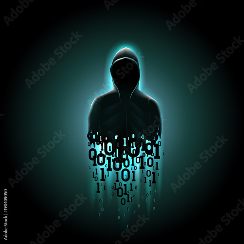 Silhouette of a hacker in a hood with binary code on a luminous blue background, hacking of a computer system, theft of data