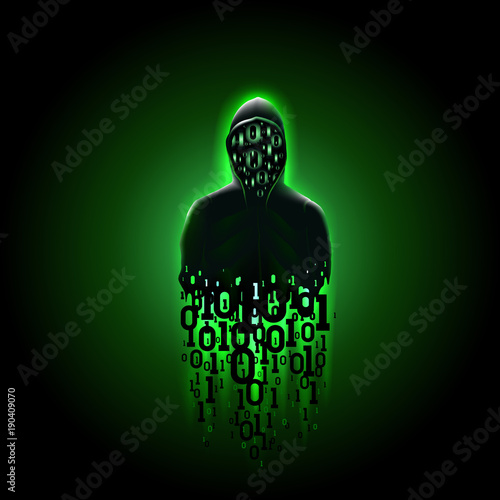 Silhouette of a hacker in a hood with binary code on a luminous green background, hacking of a computer system, theft of data