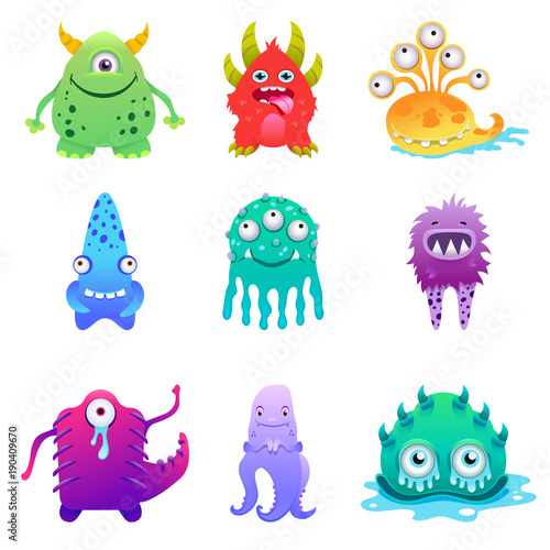 Cute cartoon monsters alien characte set vector illustration