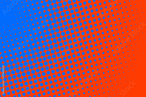 Gradient halftone dots background in pop art style. Orange and blue texture. Vector illustration.