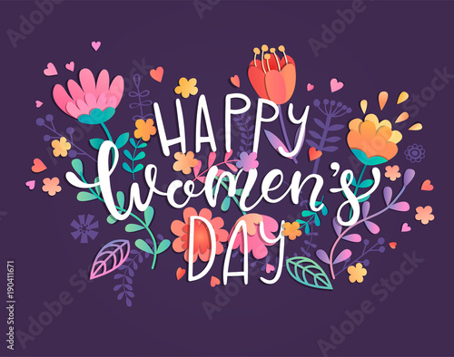 Happy women's day card with handdrawn lettering on violet background with beautiful flowers and leaves. Vector illustration template, banner, flyer, invitation, poster.