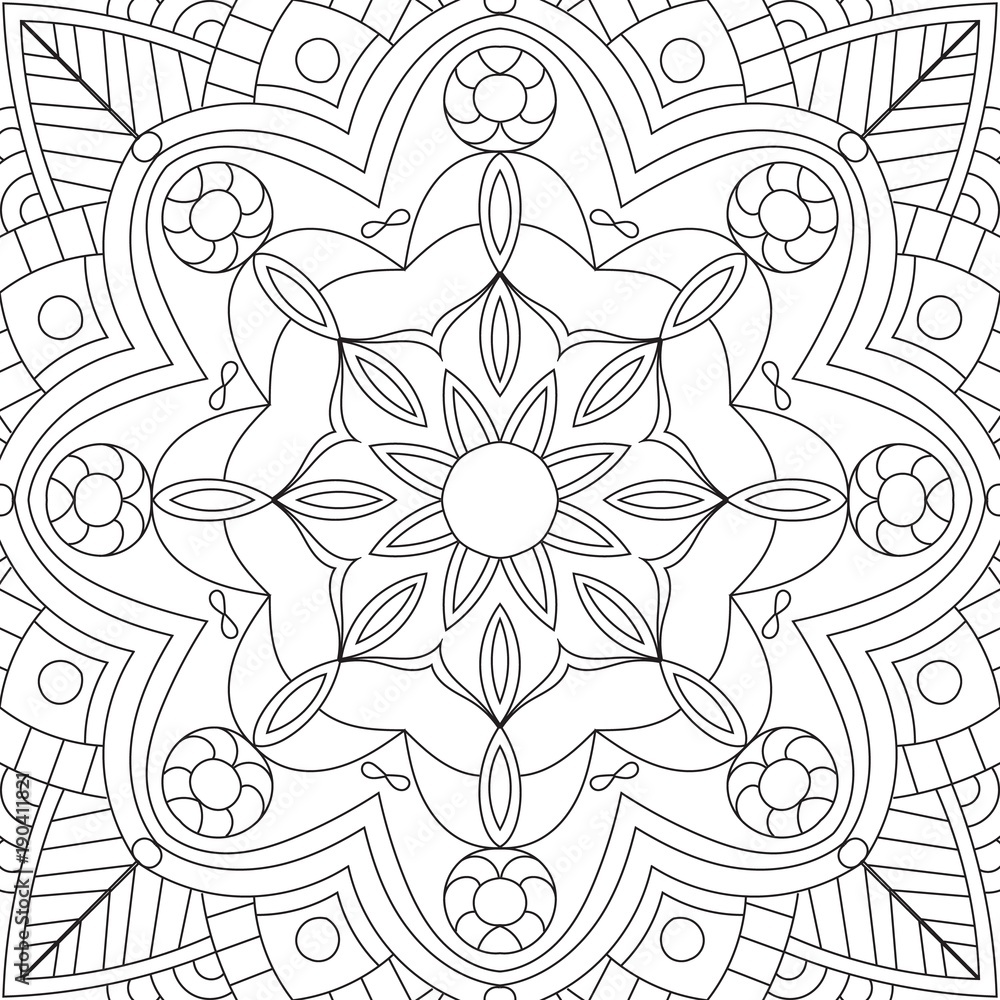 Flower rectangular mandala for adults. Coloring book page design. Anti stress black and white vintage decorative element. Monochrome square ethnic pattern. Hand drawn isolated vector illustration.