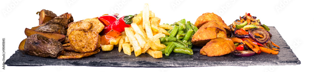 Food banner with cooked food and vegetables isolated on white