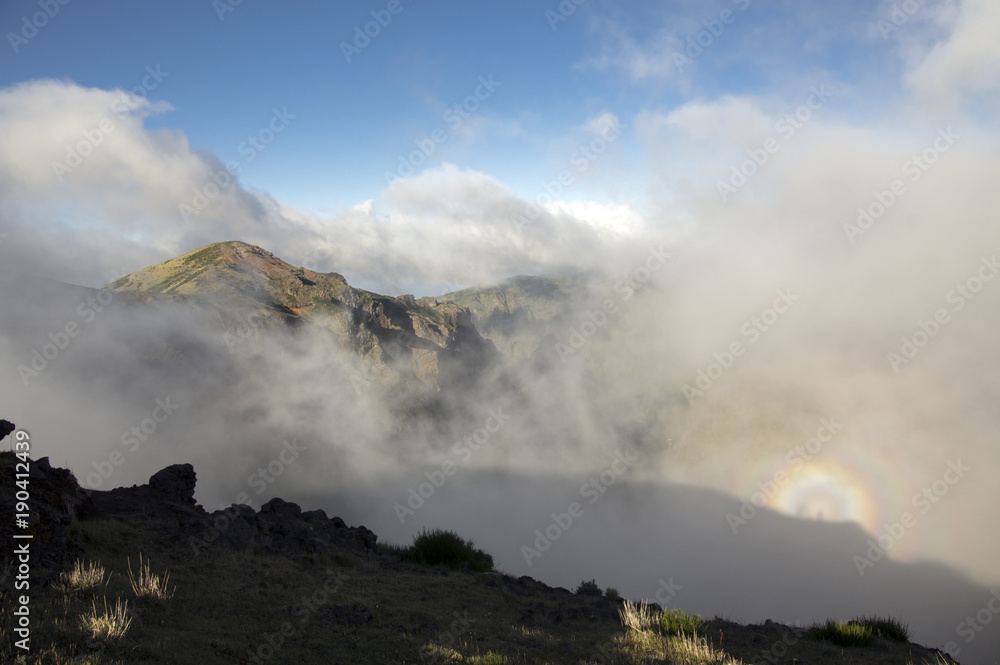 Brocken spectre also called brocken bow or mountain spectre appeared on Pico do Arieiro, Madeira, Portugal