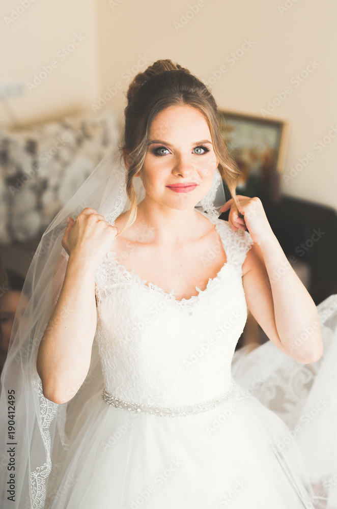 Luxury bride in white dress posing while preparing for the wedding ceremony Luxury bride in white dress posing while preparing for the wedding ceremony