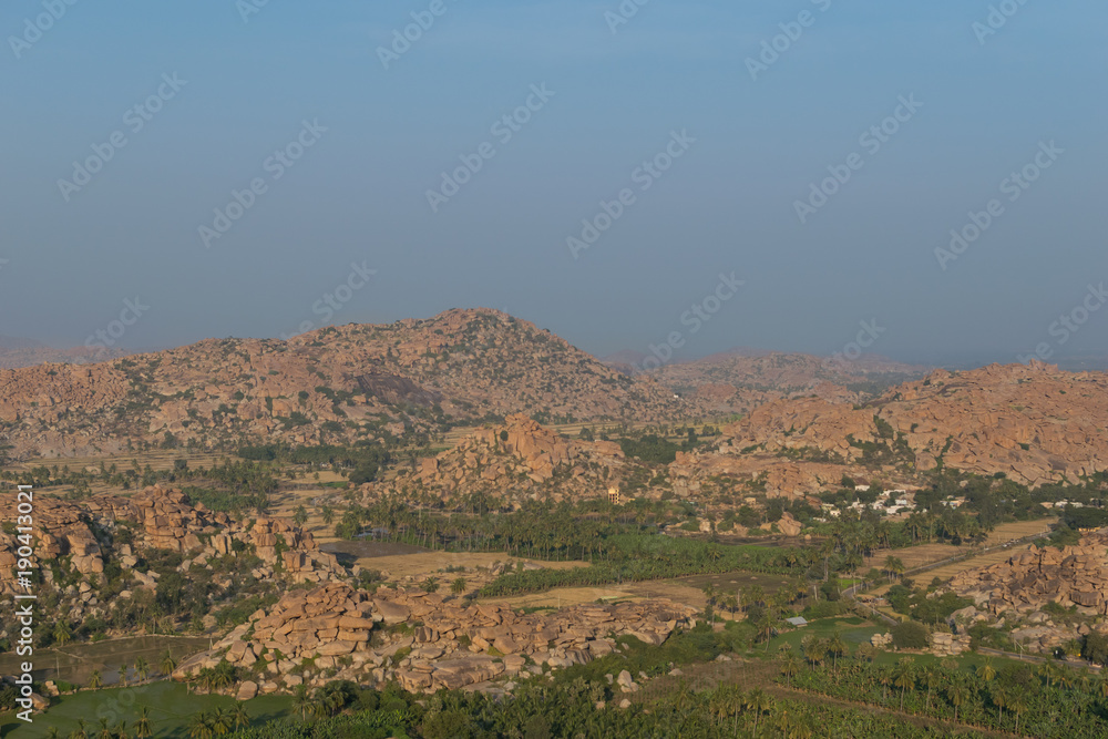 Beautiful landscape of Hampi village in India, from Hanuman temple