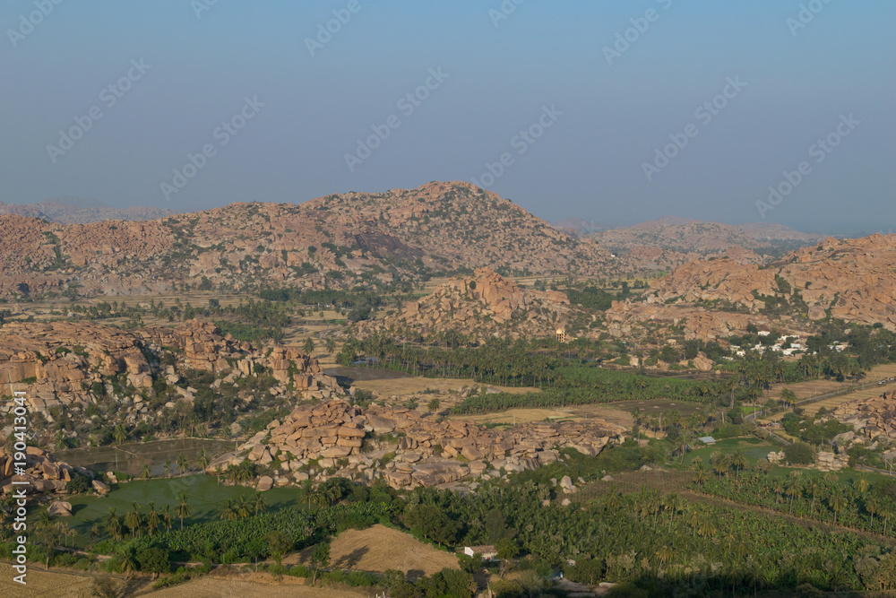 Beautiful landscape of Hampi village in India, from Hanuman temple