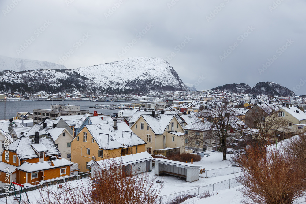 View of the town of Alesund from view point. Winter landscape.