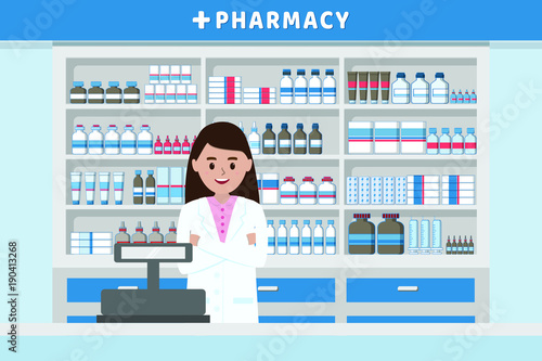 Pharmacy interior with drug shelves and cashier counter flat design illustration vector.