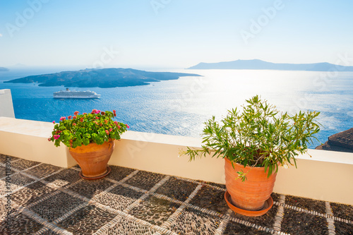 Santorini island, Greece. Beautiful terrace with sea views.