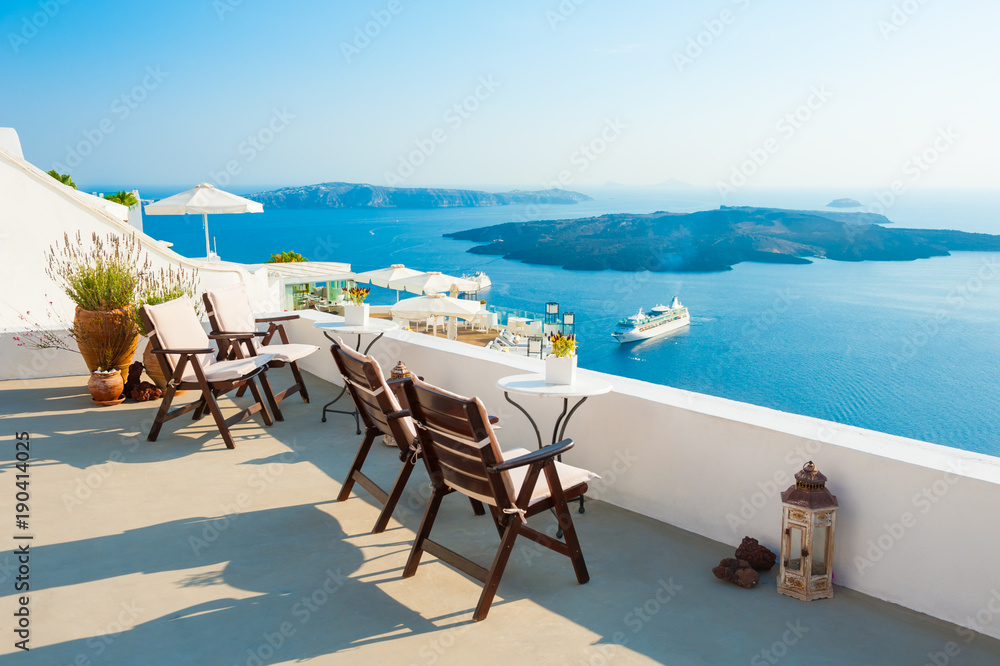 Beautiful terrace with sea views. Santorini island, Greece.