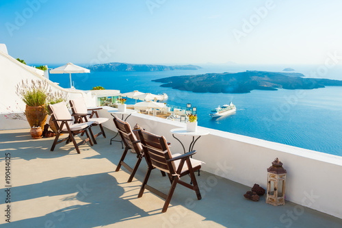 Beautiful terrace with sea views. Santorini island, Greece. © smallredgirl