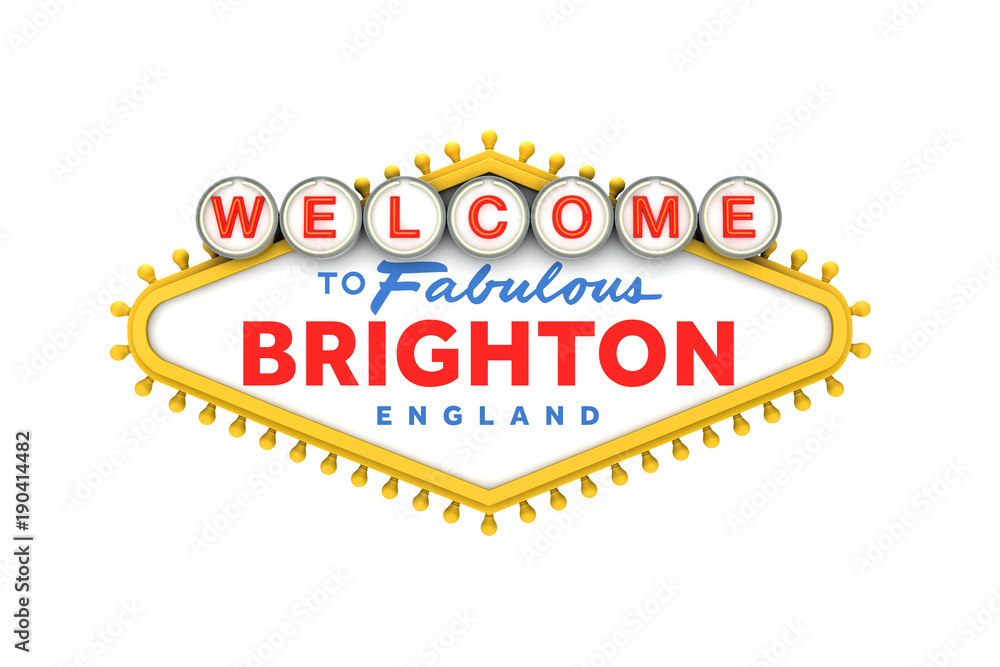 Welcome to Brighton sign in classic las vegas style design . 3D Rendering