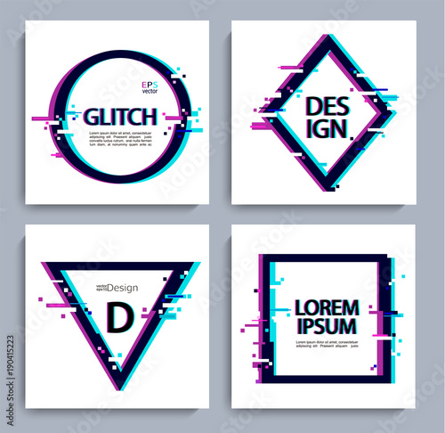 Set of geometric shapes, frame with glitch style. Vector illustration with geometric frames for business and gift cards, invitations, flyers, banners, posters.