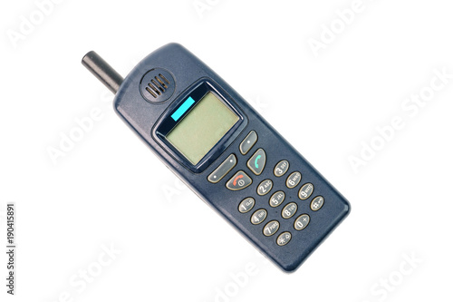 Old fashioned black mobile phone isolated on white background