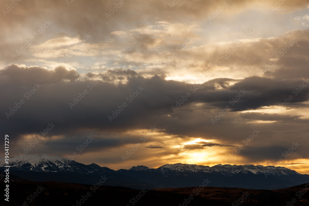 Sunset on Font Romeu ski resort in the Pyrenees mountains