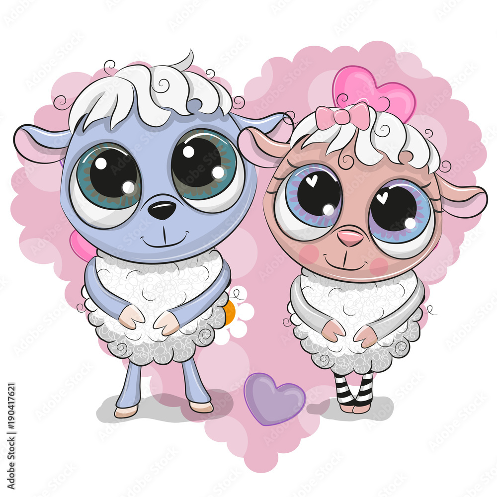 Fototapeta premium Two Cute Sheep on a background of heart