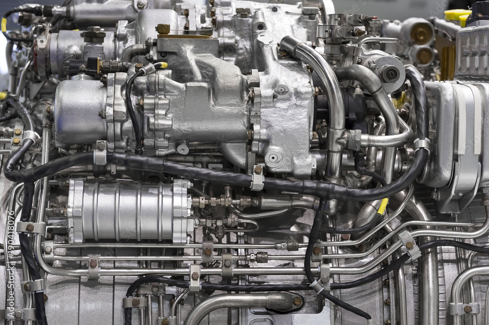 Engine of fighter jet, internal structure with hydraulic, fuel pipes