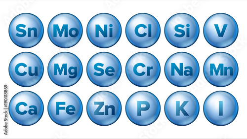 Mineral Icons Set Vector. Mineral Blue Pill Icon. Medicine Capsule. Substance. 3D Vitamin Complex With Chemical Formula. Isolated Illustration